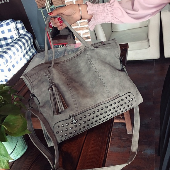 Zenleather Gray Studded Crossbody Bag - Picture 7 of 8